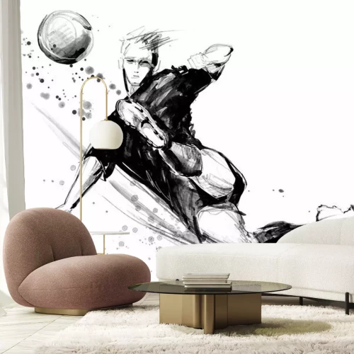 Sticker Fußballspieler in Aktion auf weißem Hintergrund. Gezeichnete Skizzenillustration des Fußballschattenbildes Hand