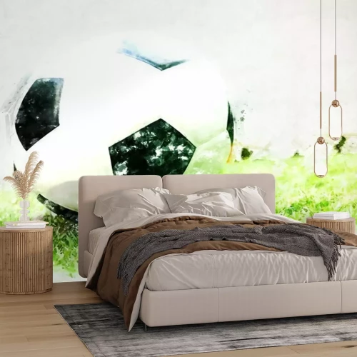 Fototapete Abstrakter Fußballball auf Aquarellmalereihintergrund des grünen Grases.