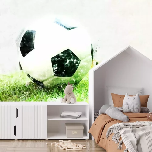 Fototapete Abstrakter Fußballball auf Aquarellmalereihintergrund des grünen Grases.