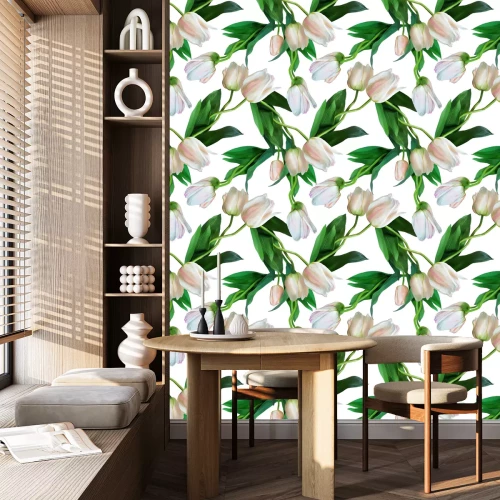 Tapete Weiße Tulpen mit grünen Blättern auf weißem Hintergrund