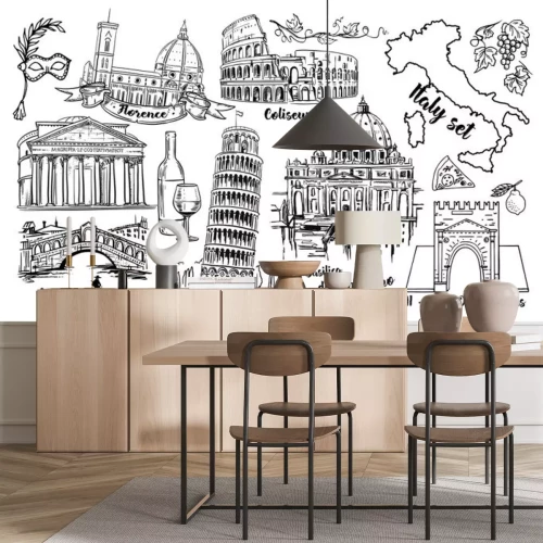 Sticker Italien Wahrzeichen Vektor Sketch Set. Kolosseum, Brücken Venedig, Turm Pisa, Vatikan, Rimini, Arch Augustus, Santa Maria del Fiore, Florenz
