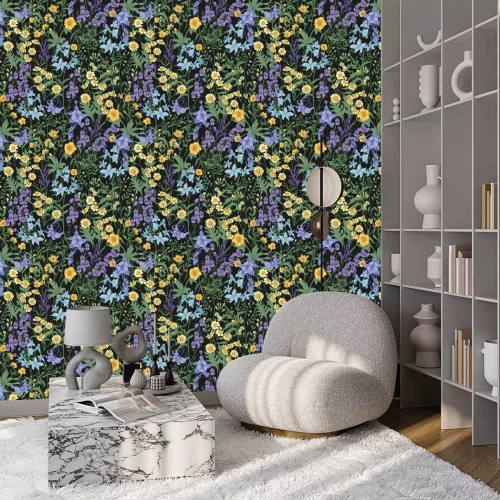 Tapete Wildblumen auf schwarzem Hintergrund