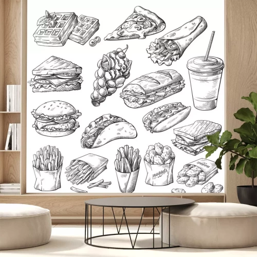 Sticker Essen Fast Food realistische schwarz-weiße Zeichnungen