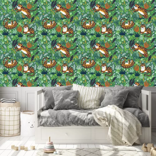 Tapete Tropisches nahtloses Muster mit lustigen Tigern in der Karikaturart. Vektor-Illustration