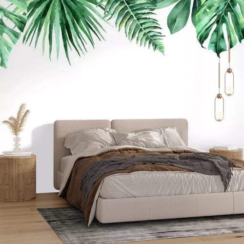 Sticker Aquarellillustration von tropischen Blättern. Rahmen aus tropischen Blättern. Einladung zur Hochzeit