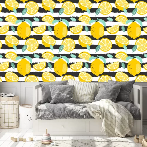 Tapete Zitronenfrucht auf schwarz-weiß gestreiftem Hintergrund