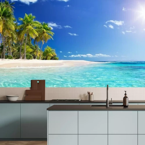 Fototapete Strand Palmen und türkisfarbenes Wasser