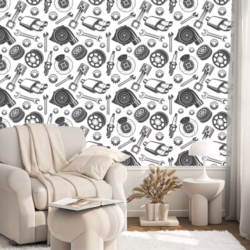 Tapete Einfarbiges nahtloses Muster mit Automobilwerkzeugen und -details