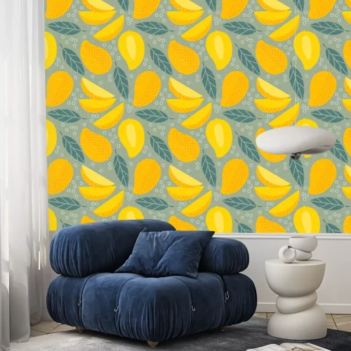 Tapete In Scheiben geschnittene Mangoblätter und -blüten