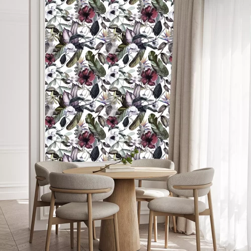 Tapete Nahtloses Aquarellmuster mit tropischen Blumen, Magnolie, orange Blume, Vanilleorchidee, tropische Blätter, Bananenblätter