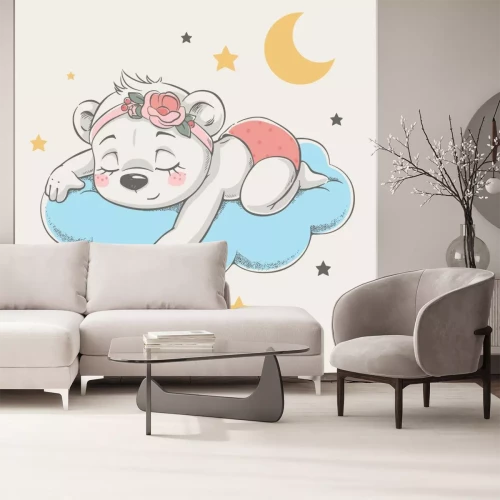 Sticker Mädchen Bärchen auf einer Wolke schlafend