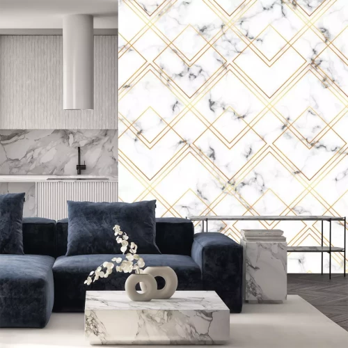 Sticker Moderne minimalistische weiße Marmorbeschaffenheit mit Goldgeometrischen Linien Muster. Hintergrund für Banner, Karte, Flyer, Einladung, Party, Geburtstag, Hochzeit, Plakat, Magazin