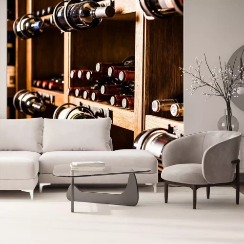 Fototapete Holzregale voller Weinflaschen