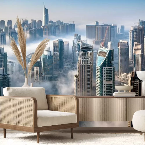 Fototapete Wolkenkratzer Sonnenaufgang im Nebel