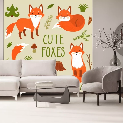 Sticker Füchse, Baumstamm und grüne Waldakzente
