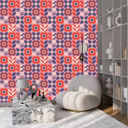 Tapete Retro rote und blaue Blumen im skandinavischen Stil
