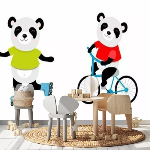 Sticker Vector Illustration des sportlichen Pandas auf einem Fahrrad, Rollschuhe, Rochen. Vervollkommnen Sie für Postkarte, Babybuch, Plakat, Fahne