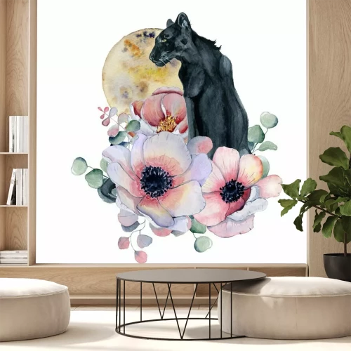 Sticker Aquarellzusammensetzung mit schwarzen wiled Panther- und Blumenpfingstrosen, Anemone in einer Form des Mondes