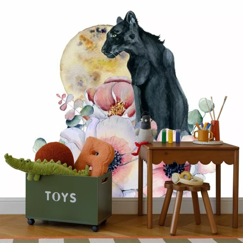 Sticker Aquarellzusammensetzung mit schwarzen wiled Panther- und Blumenpfingstrosen, Anemone in einer Form des Mondes