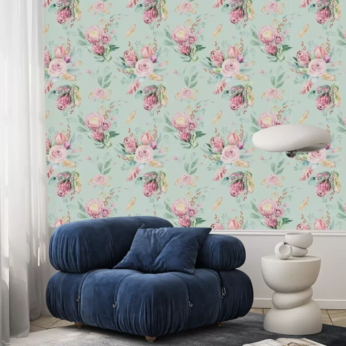 Tapete Bunte Blumensträuße auf pastellfarbenem Hintergrund