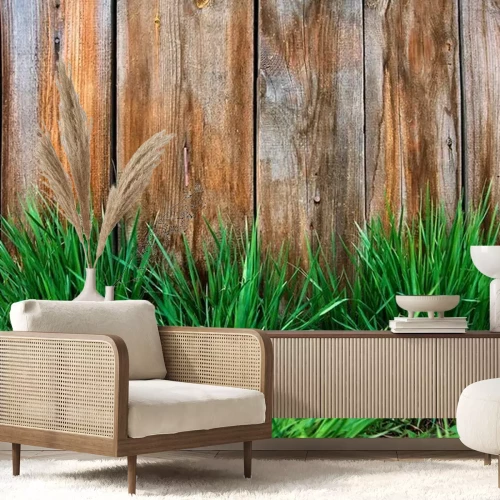 Fototapete Gräser mit Holz im Hintergrund