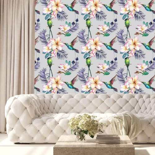 Tapete Rosa Blumen und Vögel