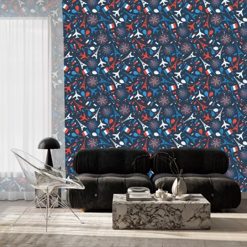 Tapete Bastille-Tag, Unabhängigkeitstag von Frankreich, Symbole. Nahtloses Muster mit Symbol der Feier.