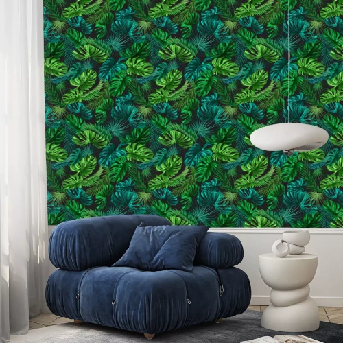 Tapete Tropische Blätter auf schwarzem Hintergrund