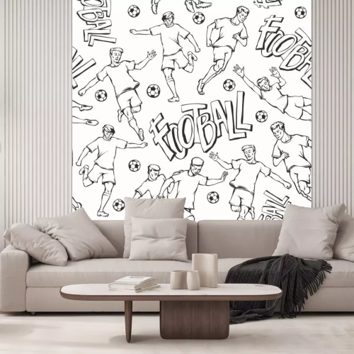 Sticker Vector Fußballspieler mit nahtlosem Muster der Ballskizze. Soccers Bewegung und Torhüter Sport einheitliche verschiedene Posen und Rennen. Schwarz-Weiß-Kontur Illustration und Inschrift gemalte Buchst