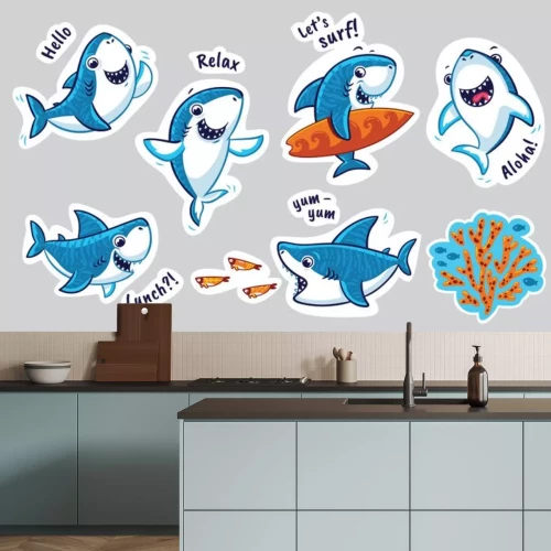 Sticker Fische Ozean lustiger blauer Hai