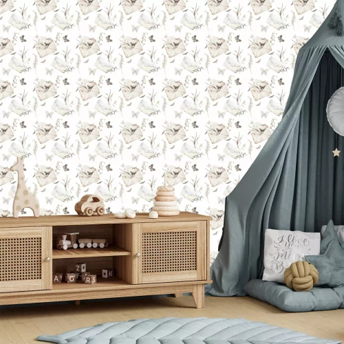 Tapete Nahtloses Muster des Aquarellschmetterlings und der Sommerfeldkräuter. Handgemalte Beschaffenheit mit Umschlag, Motte und botanischen Elementen: Anlagen, Farn, Blätter. Natürlicher sich wiederholender