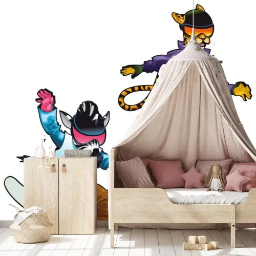 Sticker Savannah Tiere auf dem Snowboard. Vektor isoliert Zeichen.