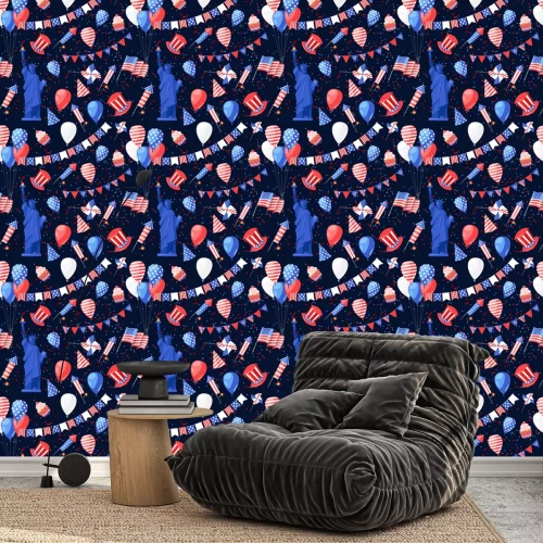 Tapete Nahtloses Marineblaumuster USA. Vektor drucken Hintergrund. Amerikanische Nationalsymbole, Feier Unabhängigkeitstag