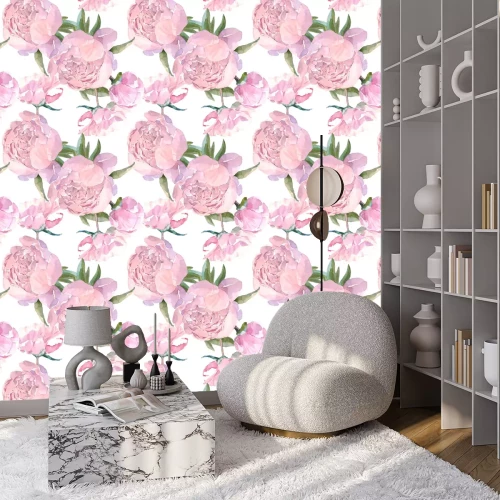 Tapete Shabby Chic rosa Rosen auf weißem Hintergrund