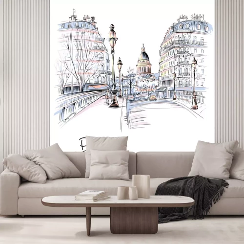 Sticker Vektor Handzeichnung. Brücke über Fluss Seine Pont Louis Philippe nahe dem Ile de la Cite am Wintermorgen, Pantheon im Hintergrund, Paris, Frankreich.