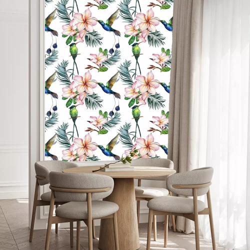 Tapete Bunte Vögel und Blumen auf weißem Hintergrund