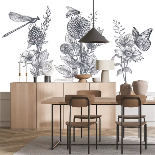 Sticker Schwarz-weiße Blumen und Insekten