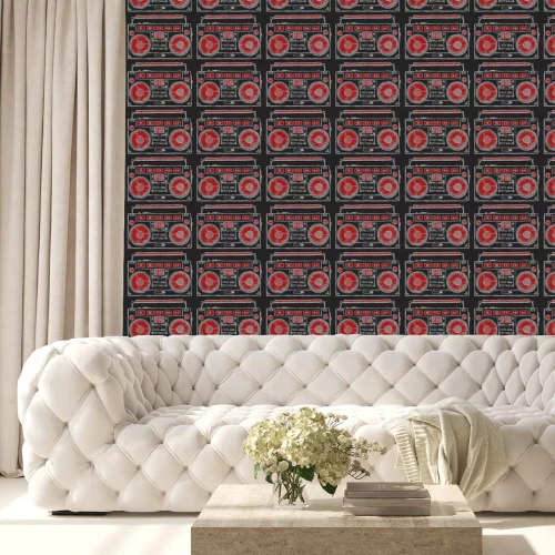 Tapete Nahtlose Textur mit Boombox von Hand gezeichnet. Hintergrund wiederholen. Fliesenmuster. Ornament mit alten Schule Rekordspieler.