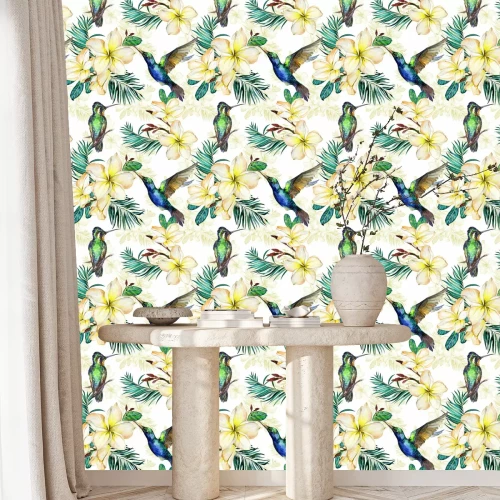 Tapete Vögel und exotische Blumen