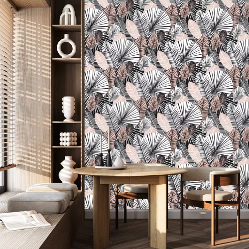 Tapete Weiße und rosa grafische exotische Blätter