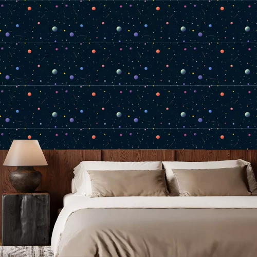 Tapete Platz nahtlose Muster. Gradienten Planeten und Sterne. Runde weiße Punkte auf dem dunkelblauen Hintergrund, der wie das Schneefallen aussieht.