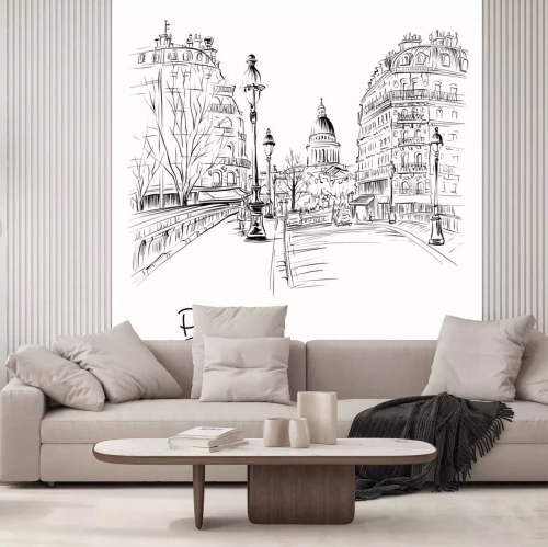 Sticker Vektorschwarzweiss-Handzeichnung. Brücke über Fluss Seine Pont Louis Philippe nahe dem Ile de la Cite am Wintermorgen, Pantheon im Hintergrund, Paris, Frankreich.