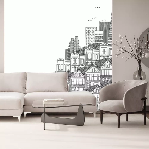 Sticker Übergeben Sie gezogene Schwarzweißabbildung von San Francisco mit viktorianischen Häusern und leeren Raum für Text