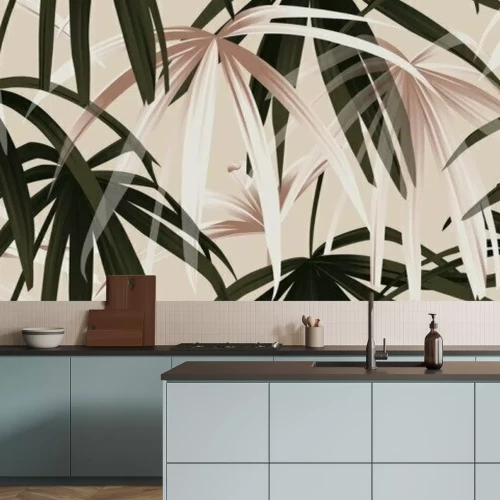 Sticker Nahtloses Muster der tropischen Pflanze, rosafarbenes Gold und grüne Palmblätter auf hellrosa Hintergrund