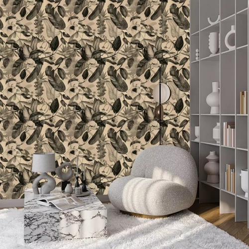 Tapete Nahtlose Weinlese, Handwerksmuster mit tropischen Blumen, Magnolie, orange Blume, Vanilleorchidee, tropische Blätter, Bananenblätter