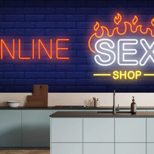 Sticker Online Sex Shop Leuchtreklame. Brennende Wort O dunkle Backsteinmauer. Vector Illustration in der Neonart für Sexspeicher oder erotische Unterhaltung