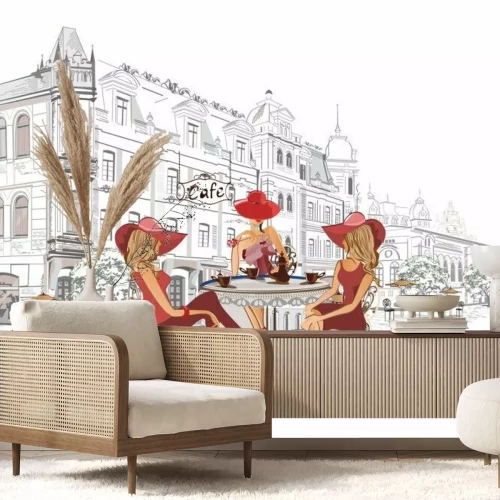 Sticker Reihe der Straßencafés mit Leuten, Männern und Frauen, in der alten Stadt, Vektorillustration. Kellner servieren die Tische.