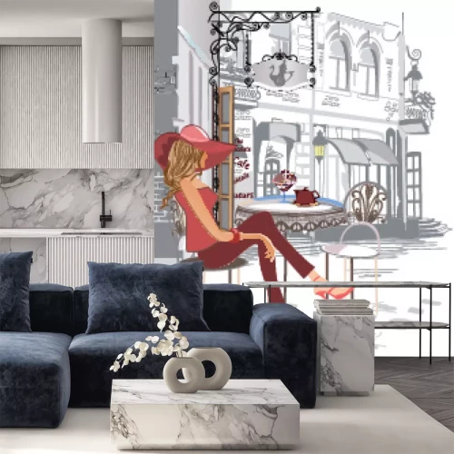 Sticker Reihe der Straßencafés mit Leuten, Männern und Frauen, in der alten Stadt, Vektorillustration. Kellner servieren die Tische.