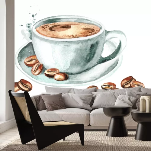 Sticker Kaffeebohnen neben einer Tasse liegend