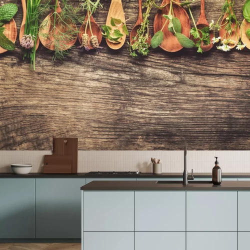 Fototapete Grüne Kräuter auf Holzlöffeln